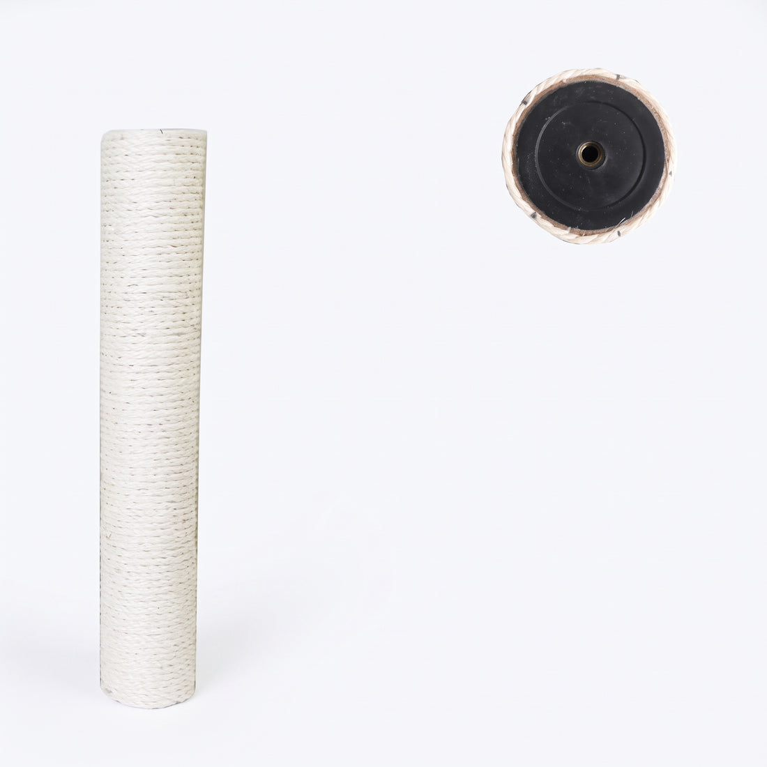 Colonne en corde de sisal beige vue de face et détail de la base noire avec insert métallique central