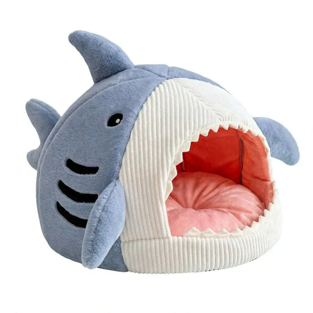 Couchage igloo pour chat façon requin bleu, gueule dentée en velours côtelé blanc et coussin rose