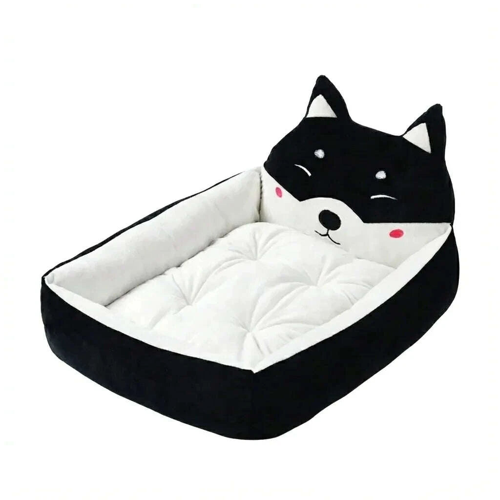Panier noir et blanc pour chat avec dossier en forme de tête d'animal aux oreilles pointues