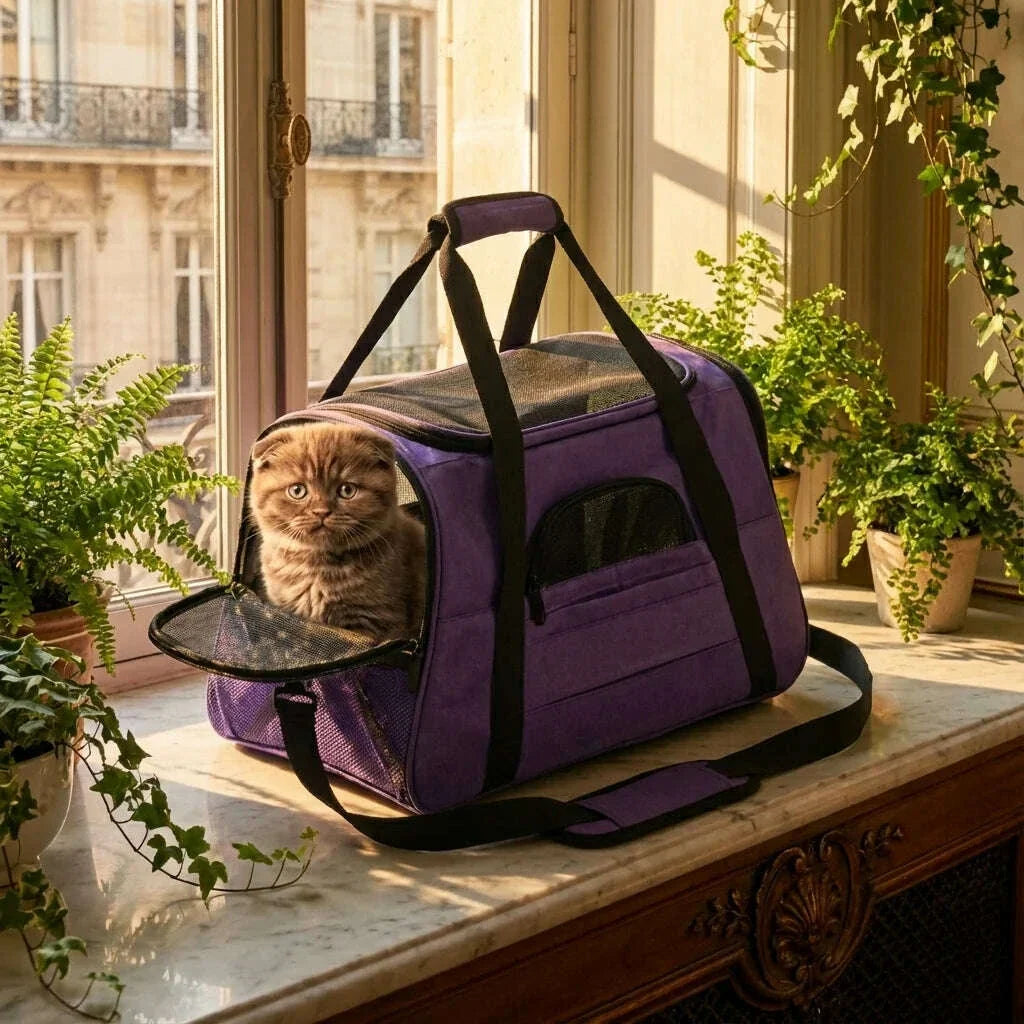 Chaton roux dans un sac de transport violet à rabat ouvert, posé au bord d'une fenêtre entre des plantes