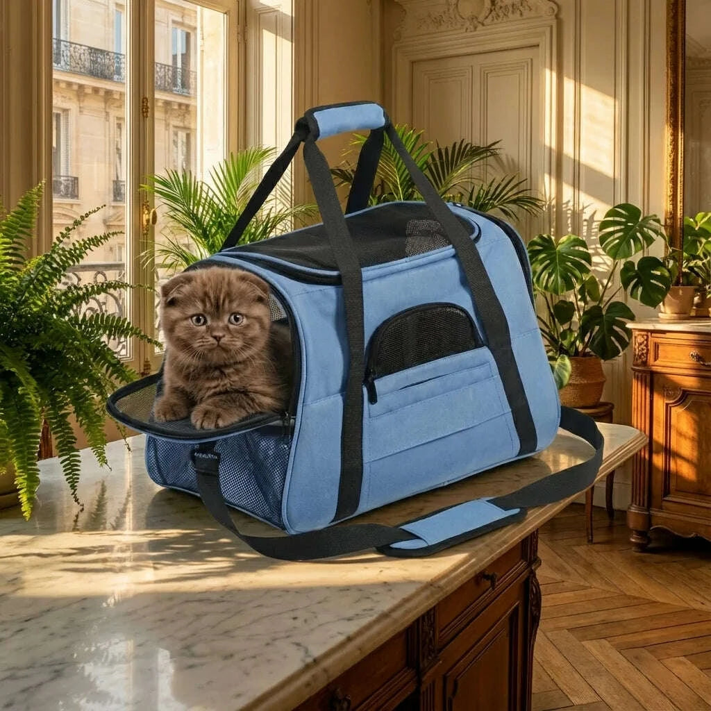Chaton brun aux oreilles tombantes dans un sac de voyage bleu posé sur un plan de marbre, près de plantes vertes