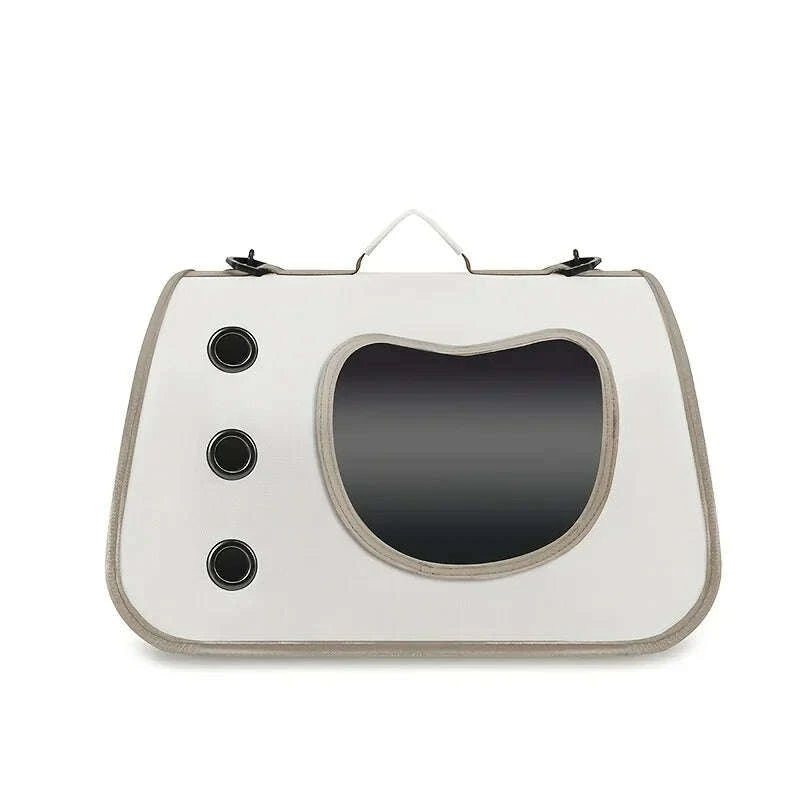Sac de transport pour chat beige à bordure taupe, vu de face avec hublot transparent et trois aérations rondes