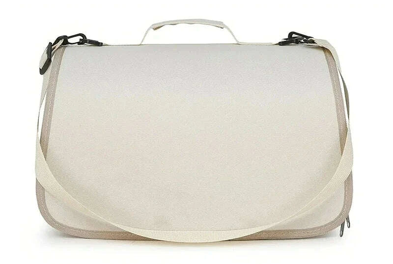 Dos uni d'un sac de transport beige pour chat avec poignée, sangle de bandoulière crème et mousquetons noirs