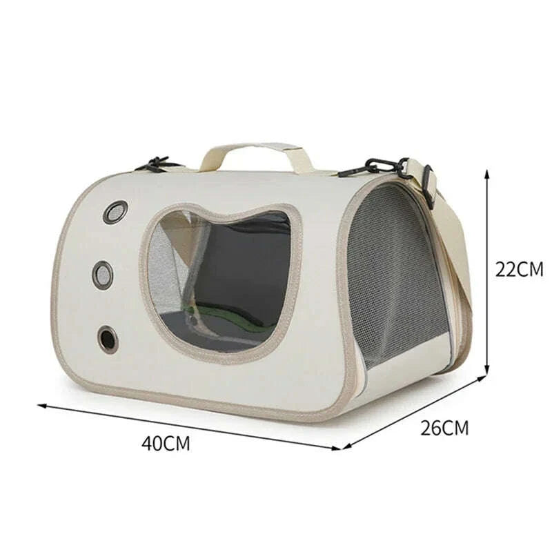 Schéma des dimensions du panier de transport beige pour chat : 40 × 26 × 22 cm, hublot et panneau en filet visibles