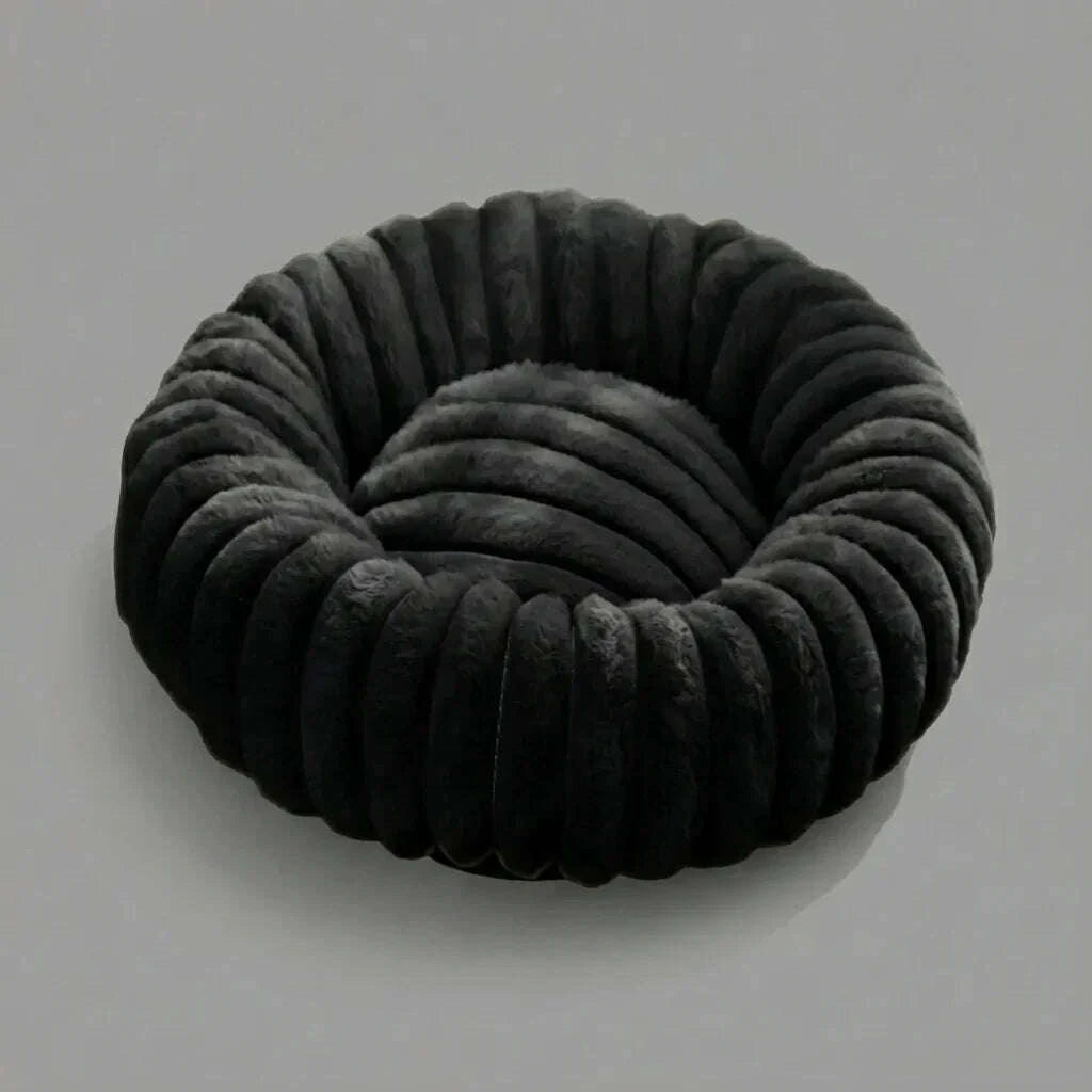 Black round cat bed, full view