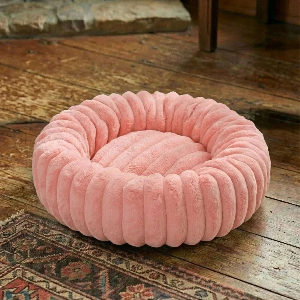 Lit douillet rose vide en forme de donut posé sur un vieux parquet en bois, près d'un tapis à motifs