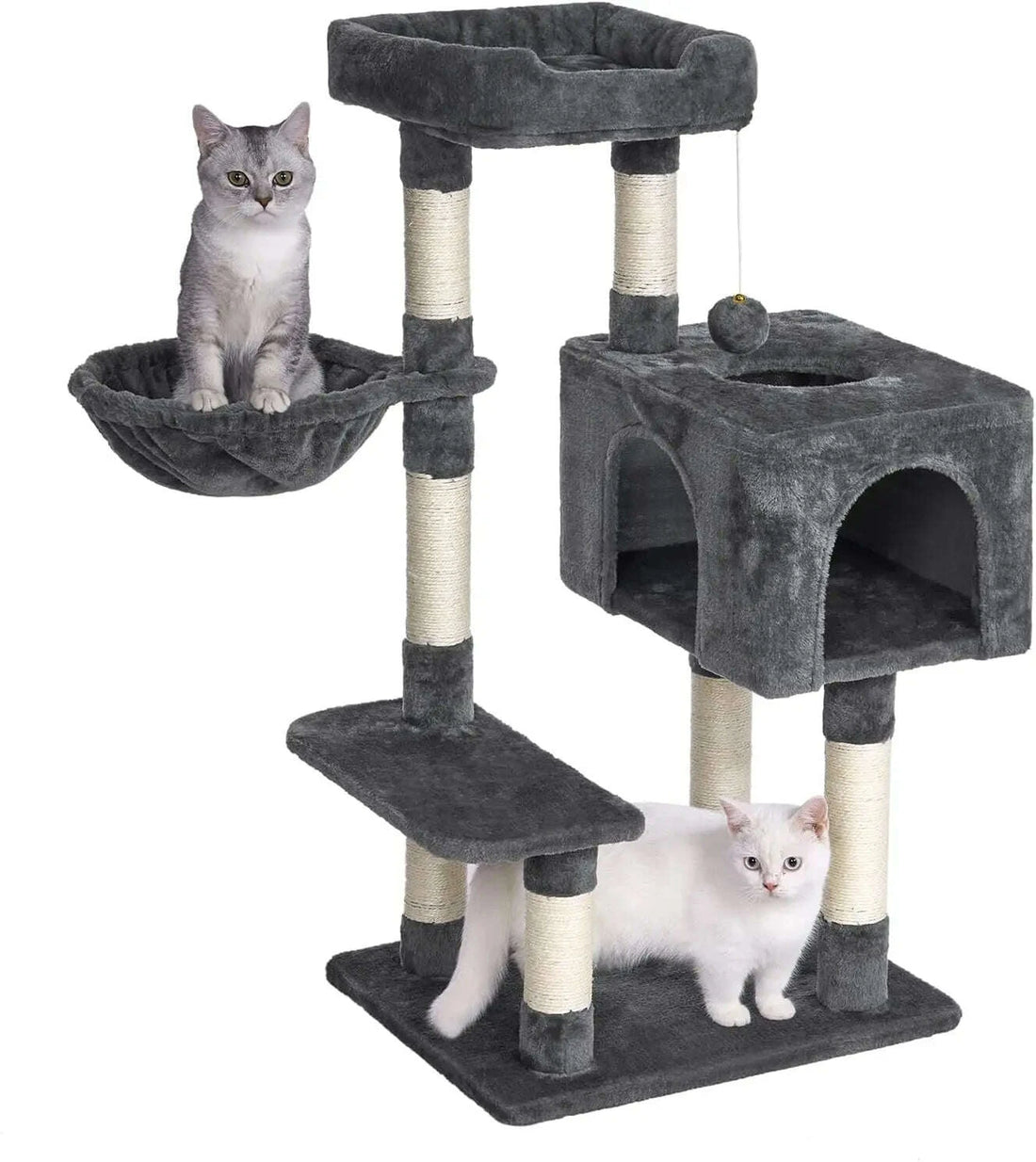Arbre à chat compact gris anthracite avec un chat tigré dans le hamac et un chat blanc sous la plateforme