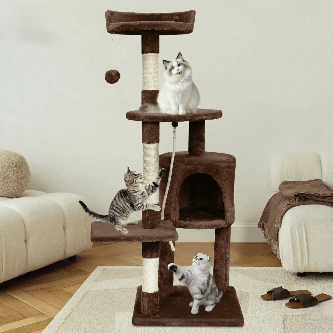 Arbre à chat brun avec sisal, niche et balle suspendue, entouré de trois chatons dans un salon aux canapés crème