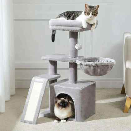 Arbre à chat gris près d'un rideau blanc, chat tigré sur le plateau du haut et chat ragdoll dans la niche