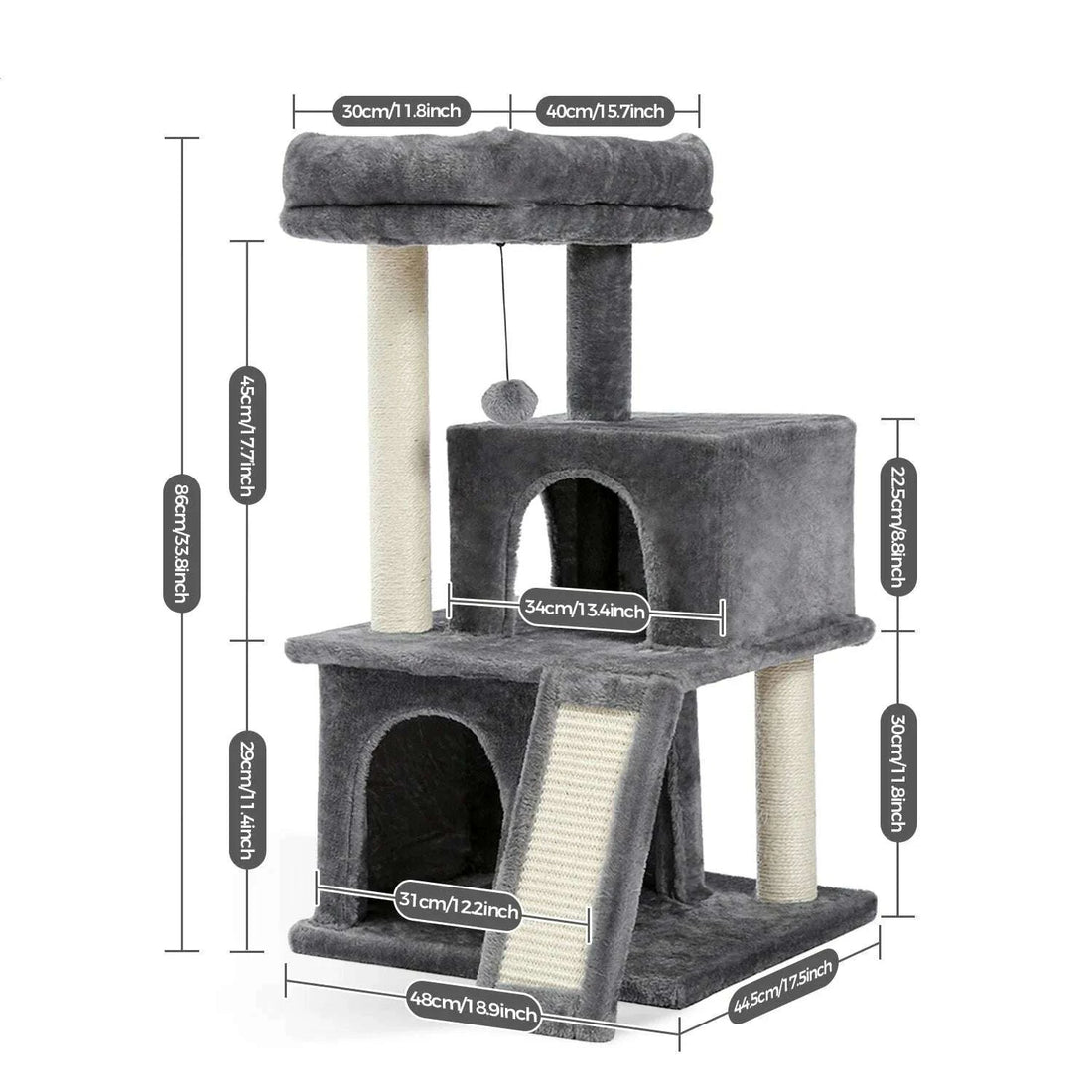 Schéma des dimensions de l'arbre à chat gris : 86 cm de haut, base de 48 × 44,5 cm, plateforme de 30 × 40 cm