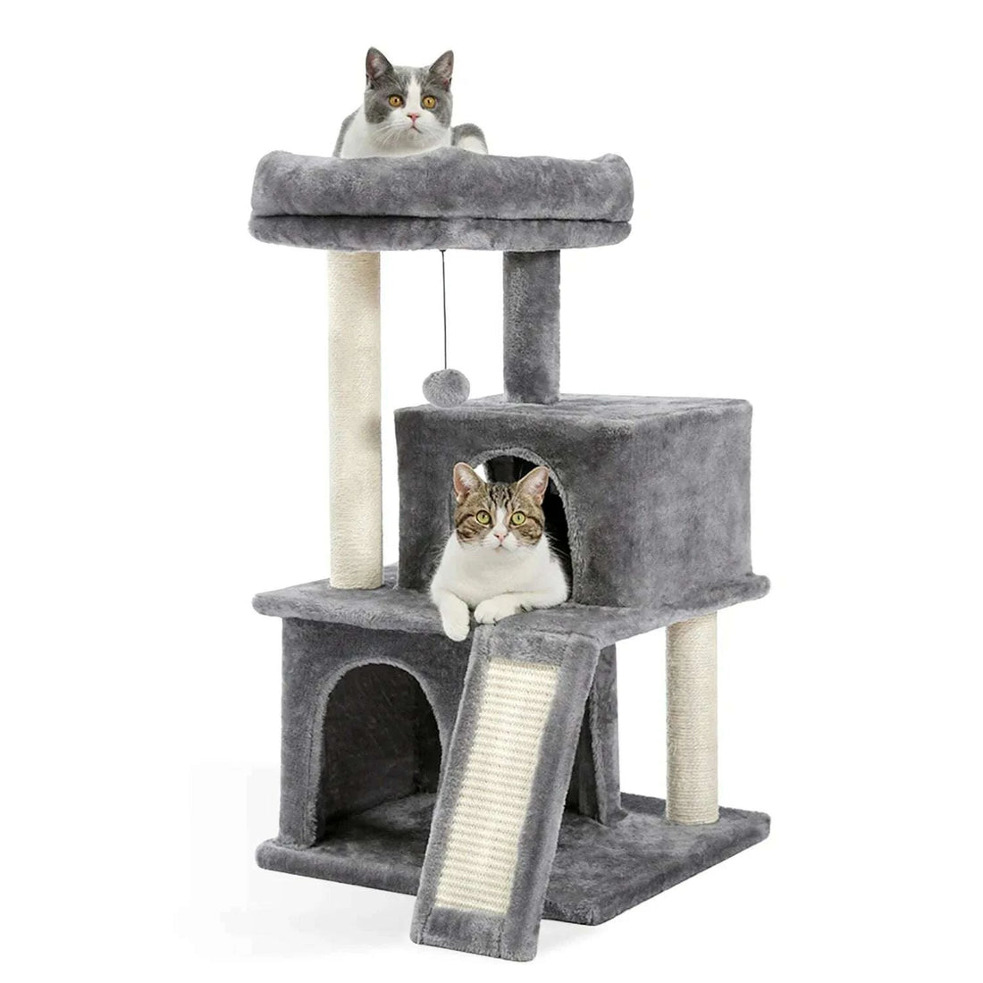 Arbre à chat gris en peluche à deux niveaux avec deux chats, niche, plateforme et rampe en sisal