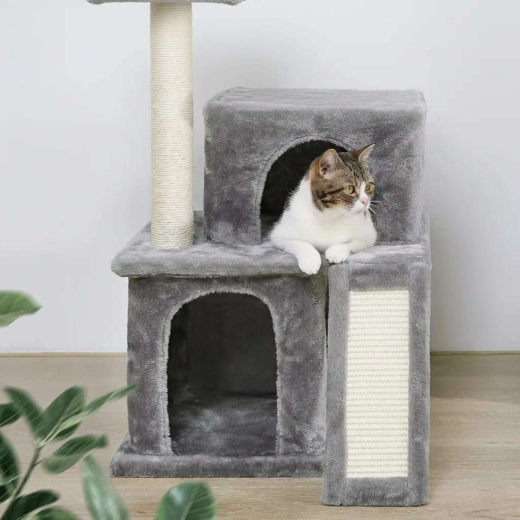 Gros plan sur la niche et la rampe griffoir d'un arbre à chat gris, avec un chat tigré et blanc