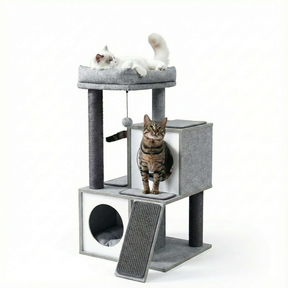 Petit arbre à chat gris en bois avec deux niches, rampe griffoir et panier, un chat blanc allongé en haut