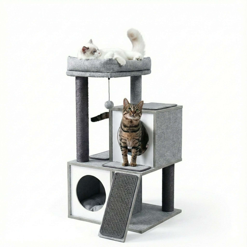 Petit arbre à chat gris en bois avec deux niches, rampe griffoir et panier, un chat blanc allongé en haut