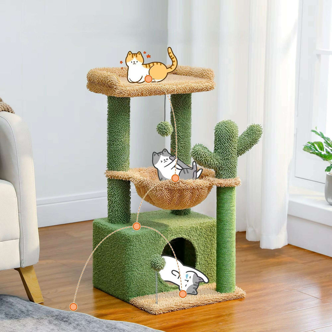 Arbre à chat cactus vert au salon avec illustrations de chats jouant sur les étages et boules suspendues