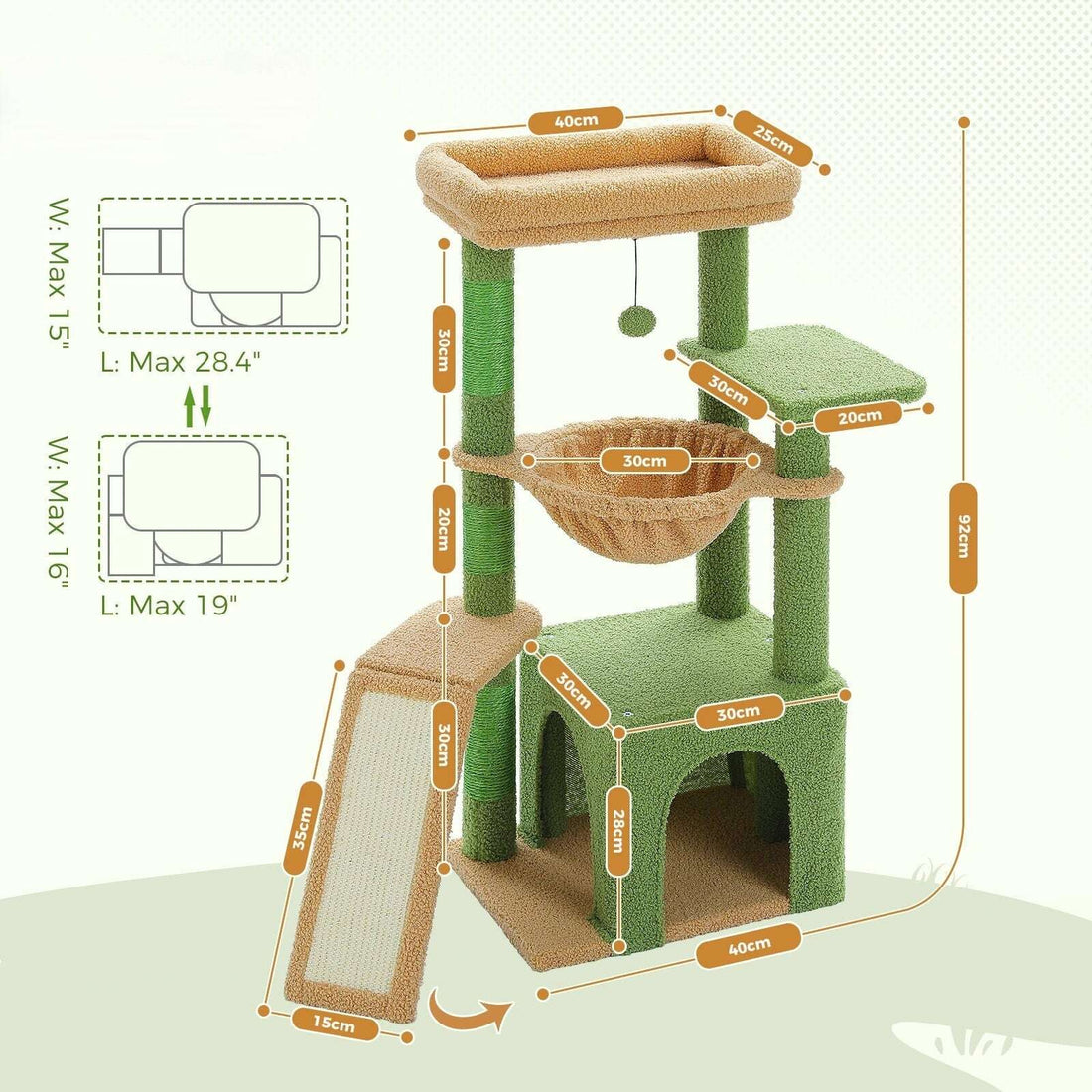 Schéma des dimensions de l'arbre à chat vert : hauteur 92 cm, plateau 40 × 25 cm, hamac 30 cm, niche 30 × 30 cm