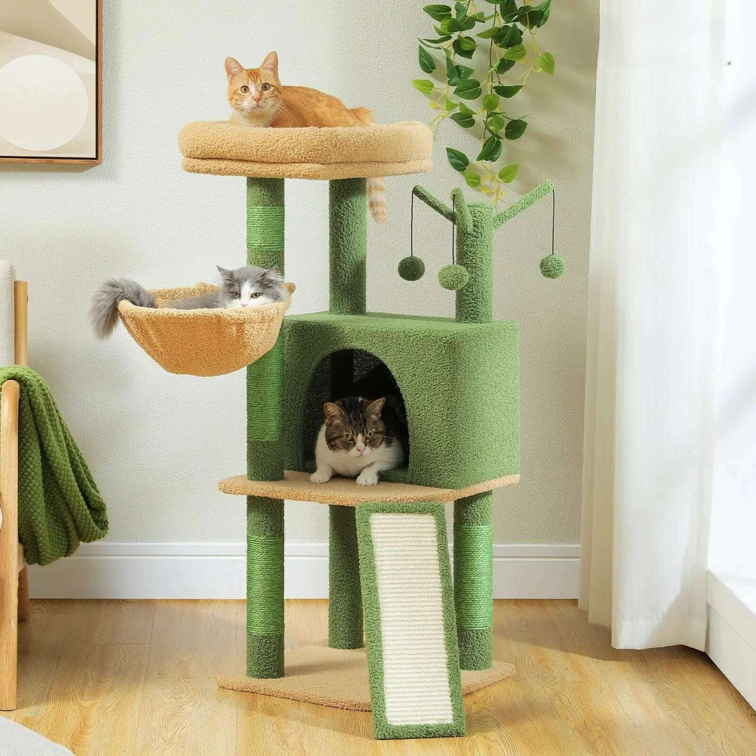 Tour à chat verte et sable dans une pièce claire : chat roux sur le plateau, chat gris dans le hamac