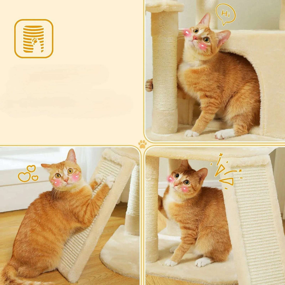 Montage de détails : chat roux se frottant au poteau en sisal et griffant la rampe de l'arbre à chat beige