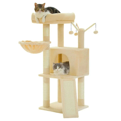 Arbre à chat beige avec niche, hamac, plateforme haute et rampe griffoir
