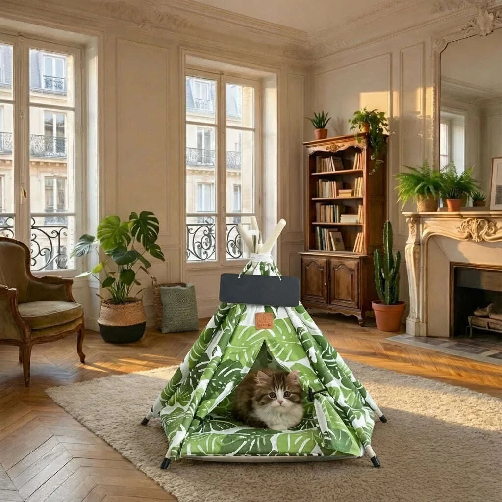 Chaton tigré dans sa tente tipi à feuilles vertes, salon haussmannien avec parquet et cheminée