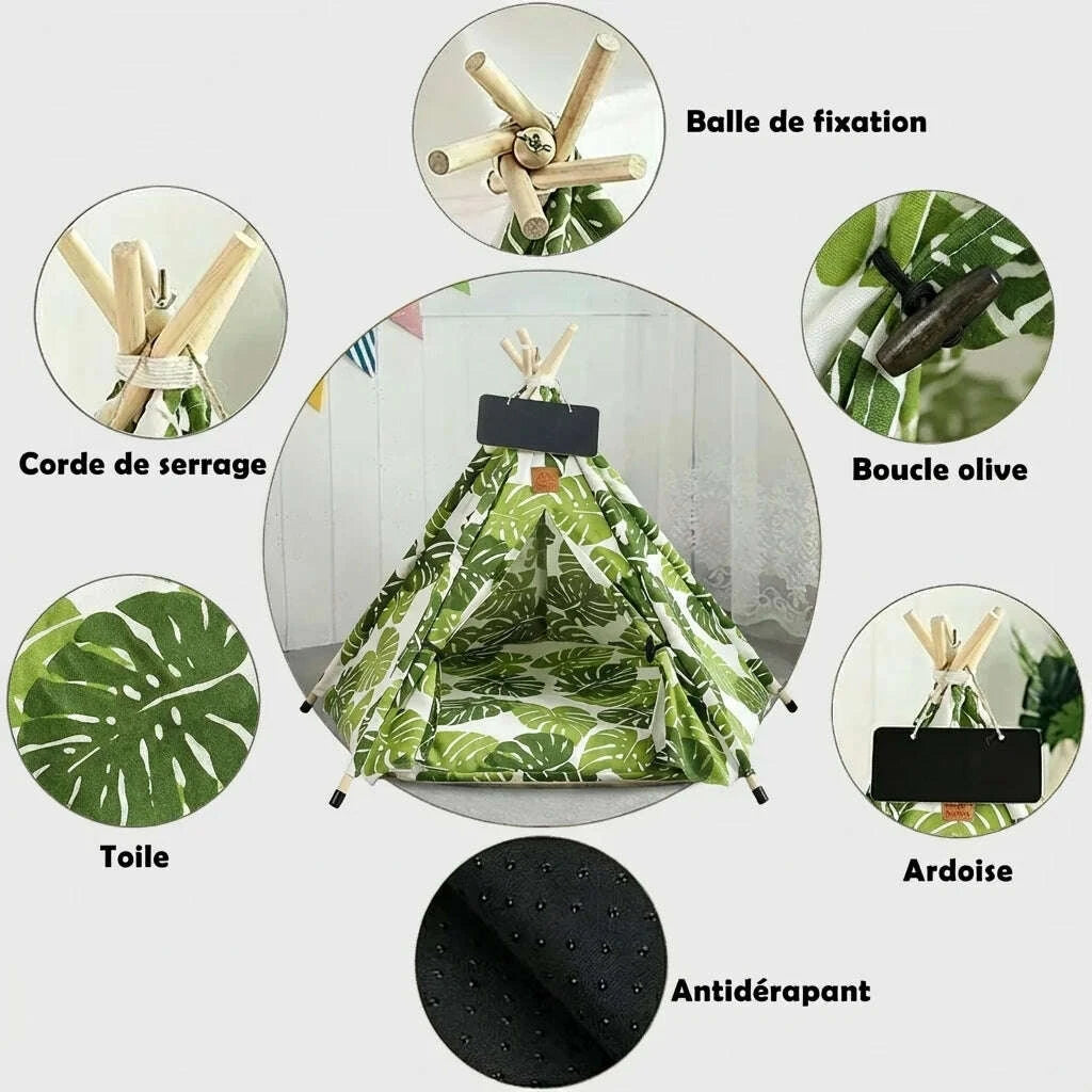 Détails du tipi pour chat : balle de fixation, corde de serrage, boucle olive, toile, ardoise, base antidérapante
