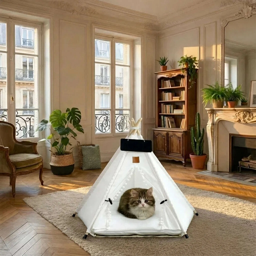 Chaton tigré couché dans sa tente tipi blanche, dans un salon haussmannien avec parquet, cheminée et bibliothèque