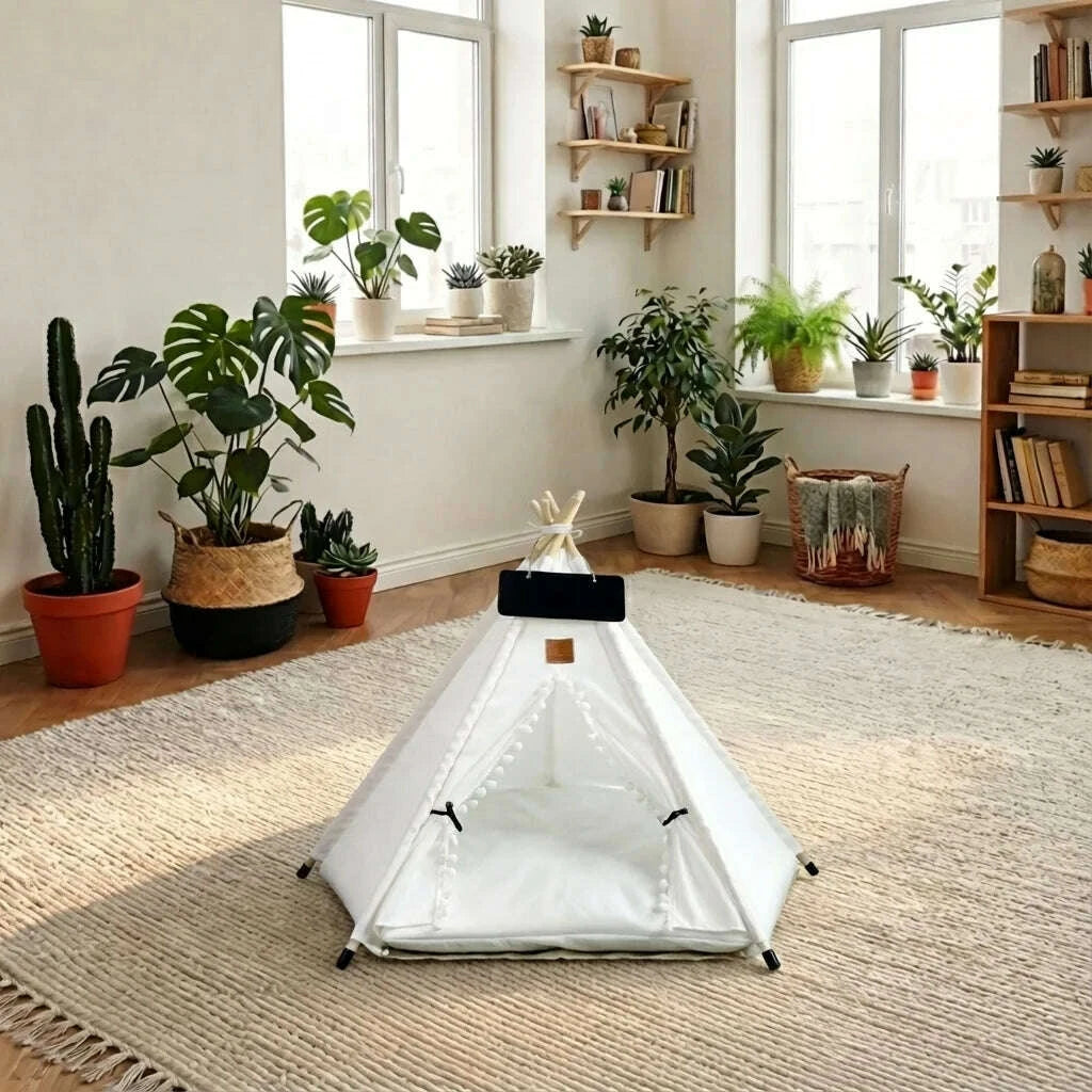 Petite tente tipi blanche vide posée sur un tapis beige dans un salon lumineux orné de plantes vertes