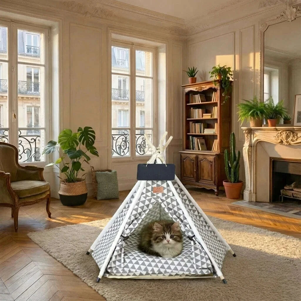 Chaton tigré installé dans une tente en toile à triangles, salon parisien avec parquet et cheminée