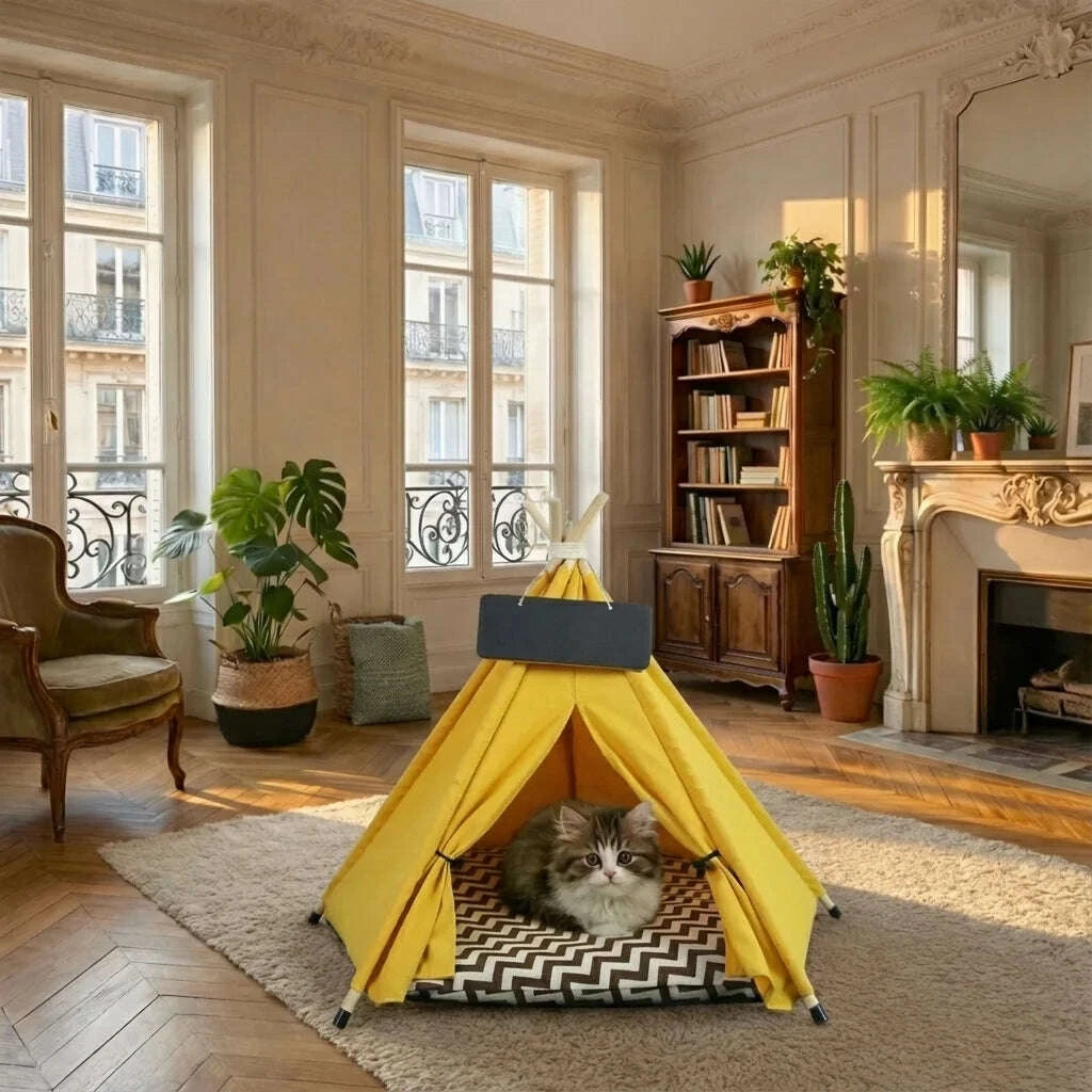 Chaton tigré dans une cabane tipi en toile jaune, salon haussmannien avec parquet, cheminée et bibliothèque