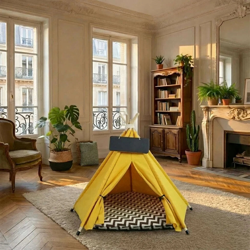 Abri tipi jaune vide pour chat sur un tapis, dans un salon parisien au parquet ancien et aux moulures