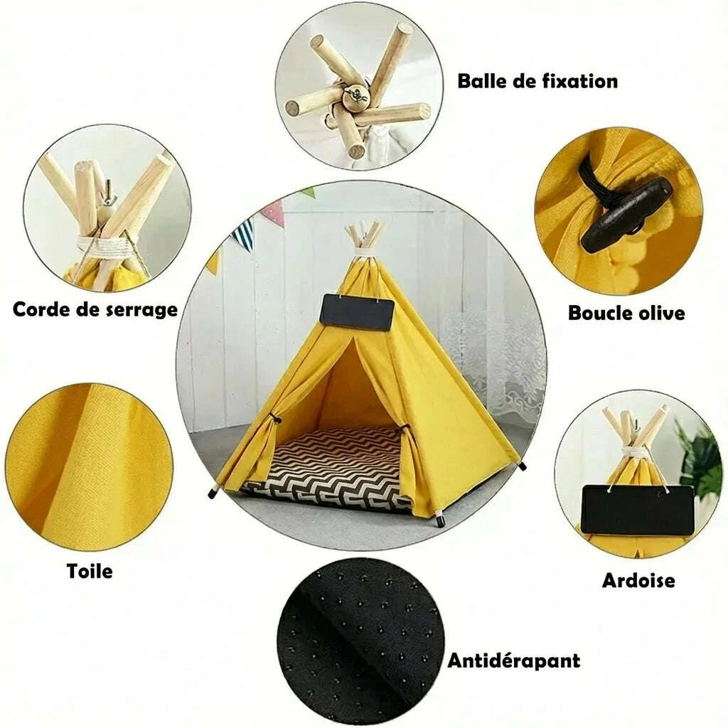 Détails du tipi : corde de serrage, balle de fixation, boucle olive, toile, ardoise et base antidérapante