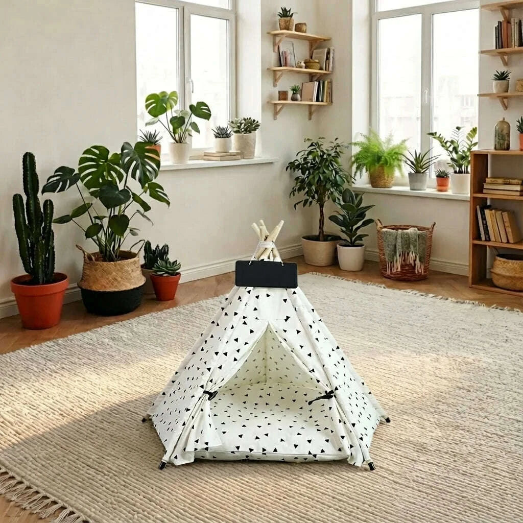 Tente tipi vide pour chat posée sur un tapis beige dans un salon lumineux entouré de plantes et d'étagères
