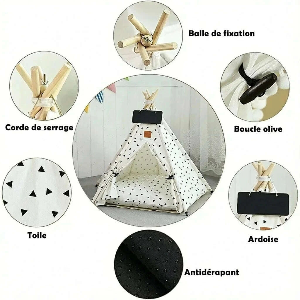 Détails du tipi pour chat : boule de fixation, corde de serrage, boucle olive, toile, ardoise et fond antidérapant