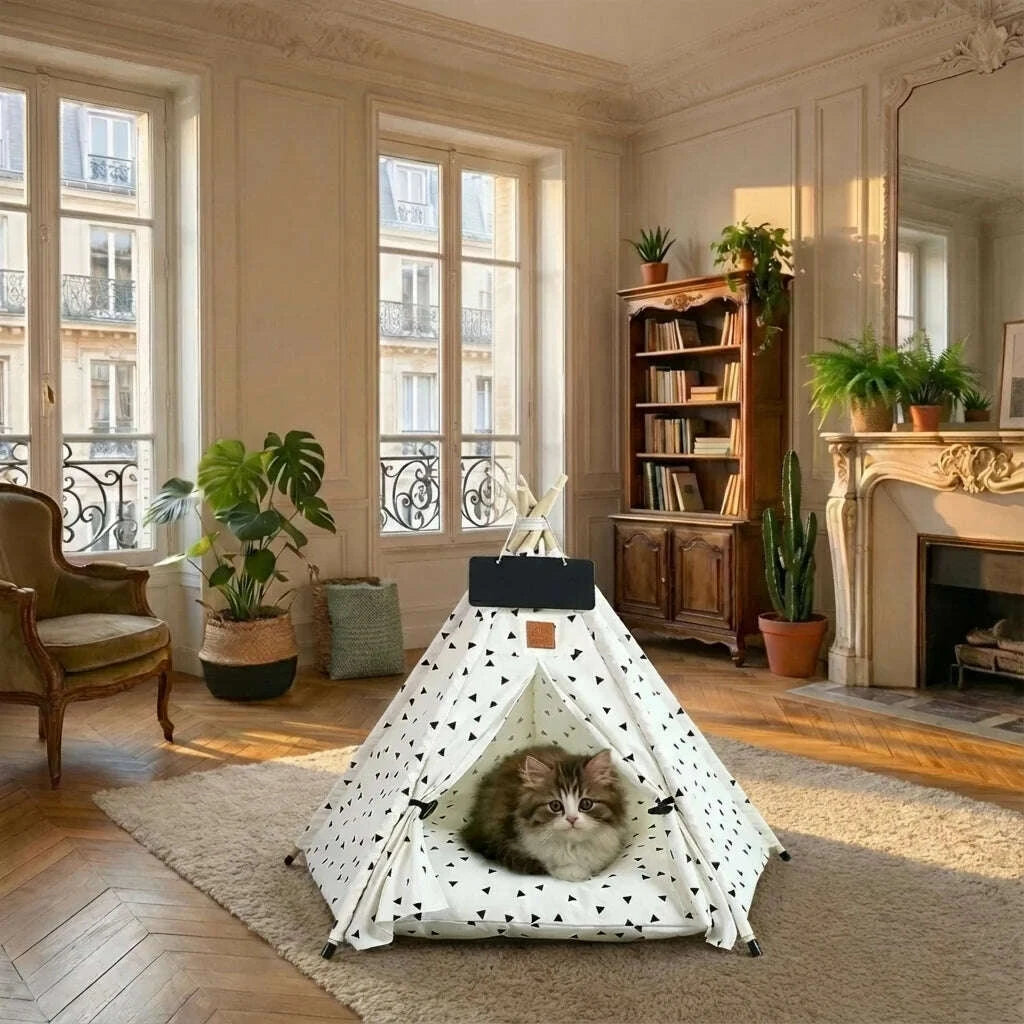 Chaton tigré à poils longs installé dans un tipi blanc, salon ancien avec parquet, bibliothèque et cheminée