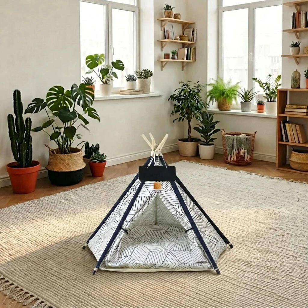 Tipi à chat vide posé sur un tapis beige dans un salon lumineux entouré de plantes vertes