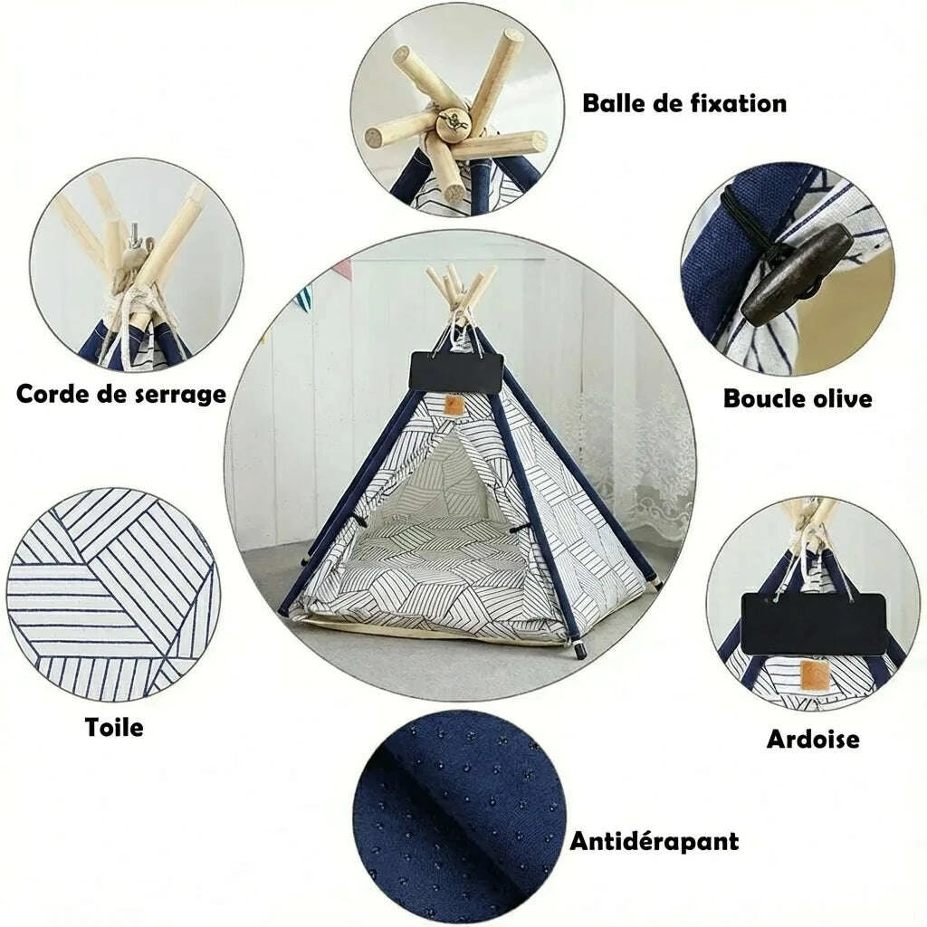 Détails du tipi pour chat : balle de fixation, corde de serrage, boucle olive, toile, ardoise, base antidérapante