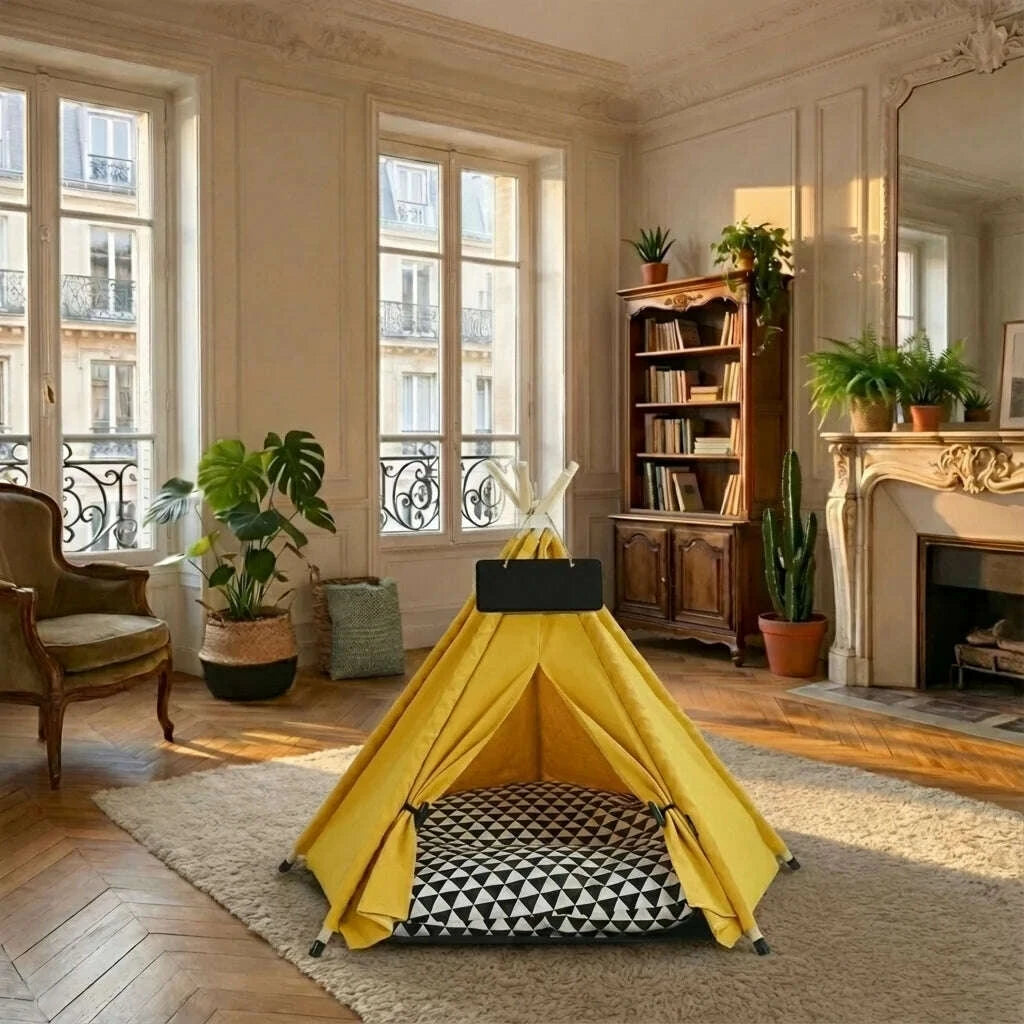 Abri tipi jaune vide et son coussin noir et blanc, posé sur un tapis dans un salon parisien lumineux