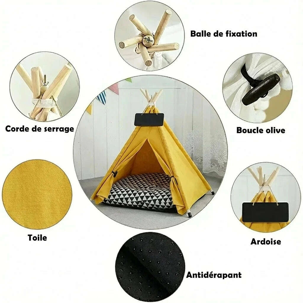 Détails de la tente pour chat : balle de fixation, corde de serrage, boucle olive, toile, ardoise, base antidérapante