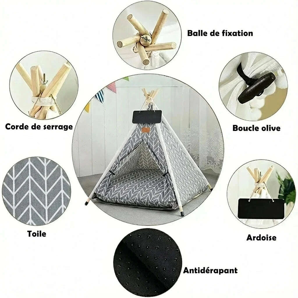 Détails du tipi pour chat : balle de fixation, corde, toile, boucle olive, ardoise et fond antidérapant