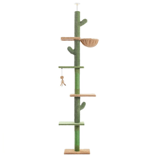 Arbre à chat cactus vert sur fond blanc, de bas en haut : socle, plateformes beiges et vertes, hamac, balle à plumes