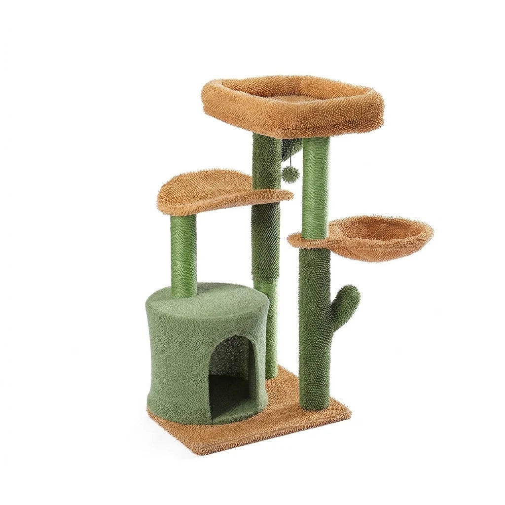 Arbre à chat cactus vert et beige, vue d'ensemble sur fond blanc avec niche, plateformes et balle suspendue