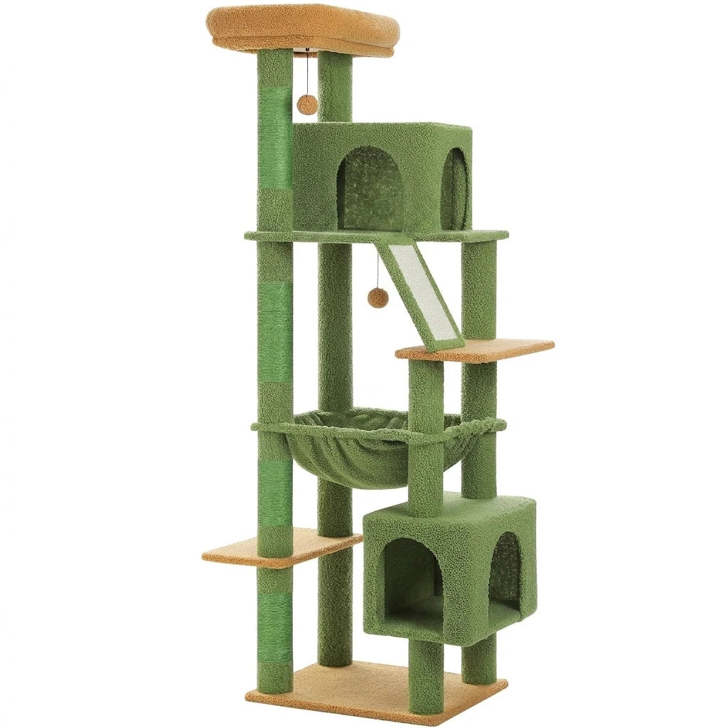 Arbre à chat vert à effet bouclé et plateformes moutarde, sans chat, avec hamac, deux niches
