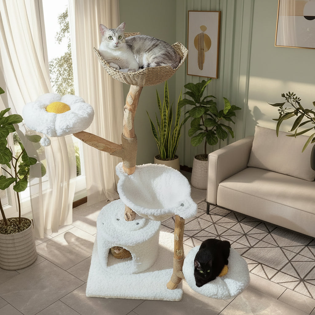 Grand arbre à chat blanc et bois clair près d'un canapé, chat gris dans la corbeille en osier et chat noir sur la plateforme