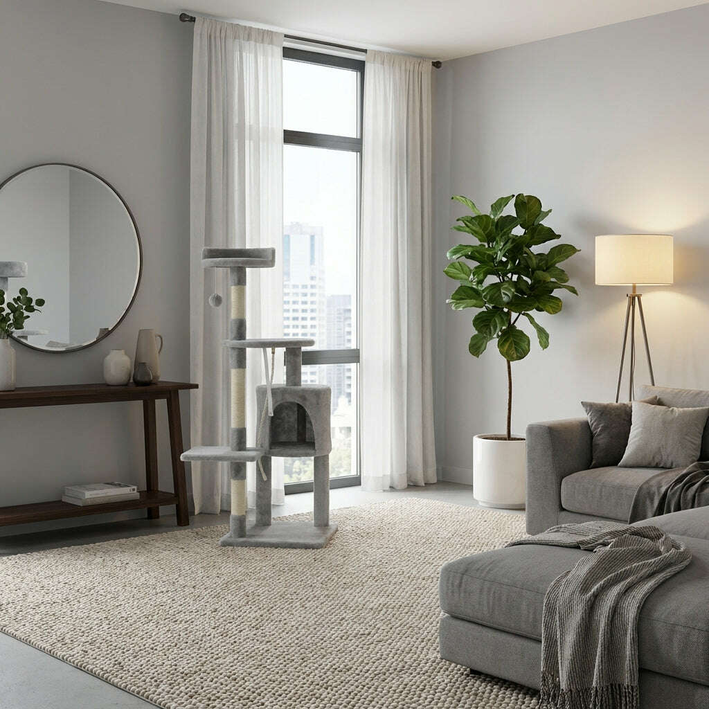 Arbre à chat gris haut et sa niche installé dans un séjour moderne, près d'un canapé et d'une plante verte