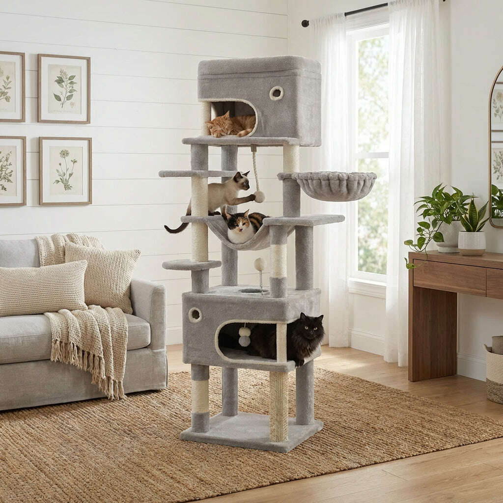 Arbre à chat XXL gris sur fond blanc, avec deux niches, hamac, panier suspendu, plateformes et griffoirs en sisal