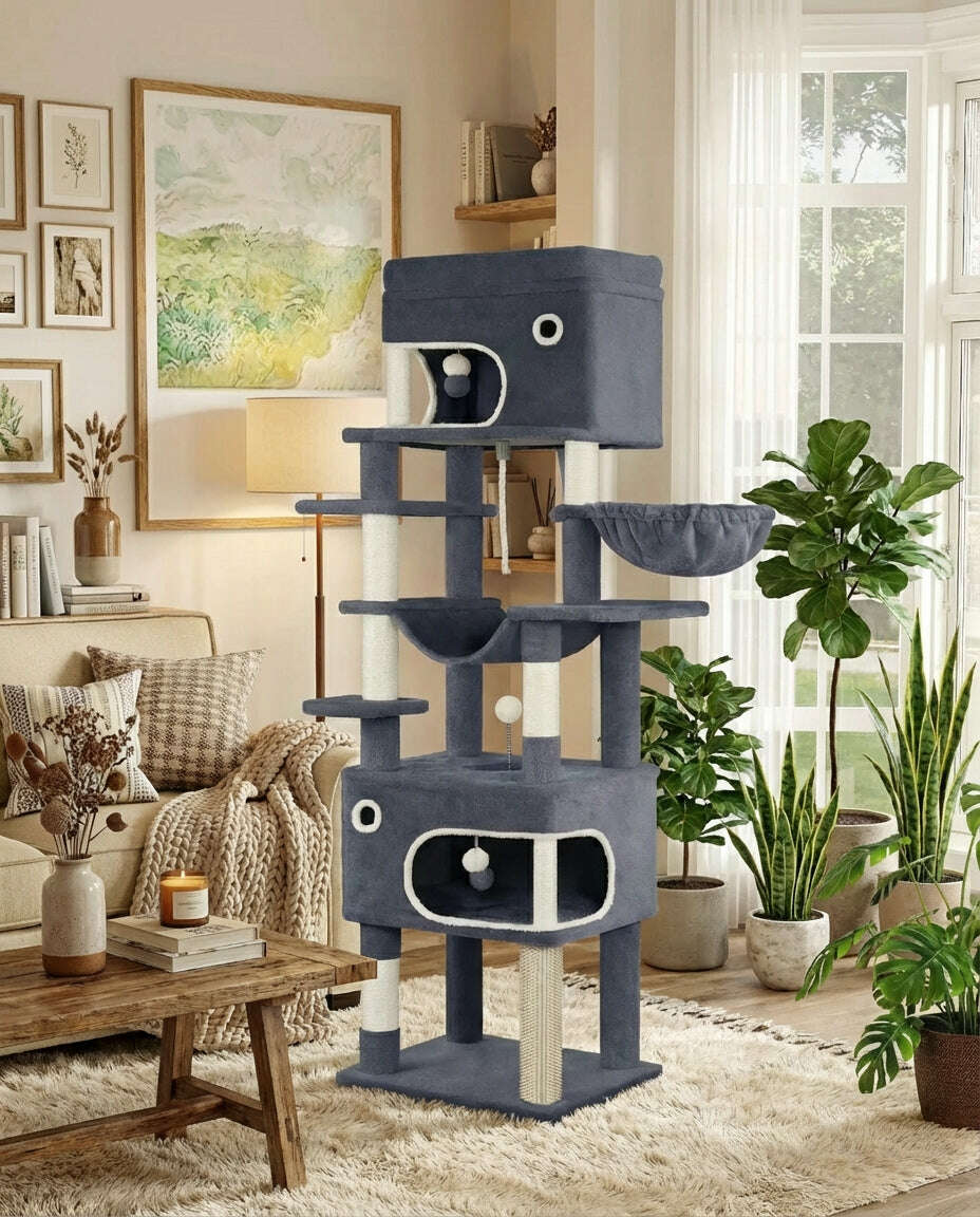 Arbre à chat gris avec poteaux en sisal, hamac et panier, installé dans un salon près d'une table basse en bois