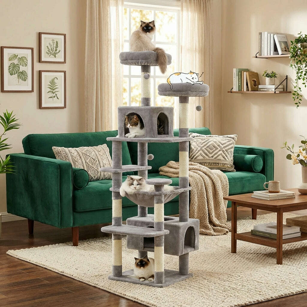 Large gray cat tree for Maine Coon cats, side view