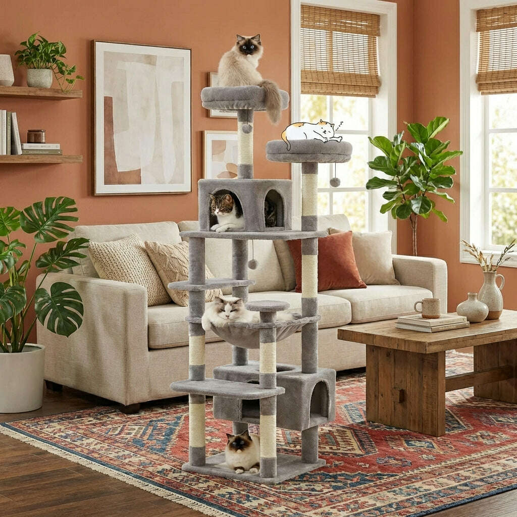 Large gray cat tree for Maine Coon cats, back view