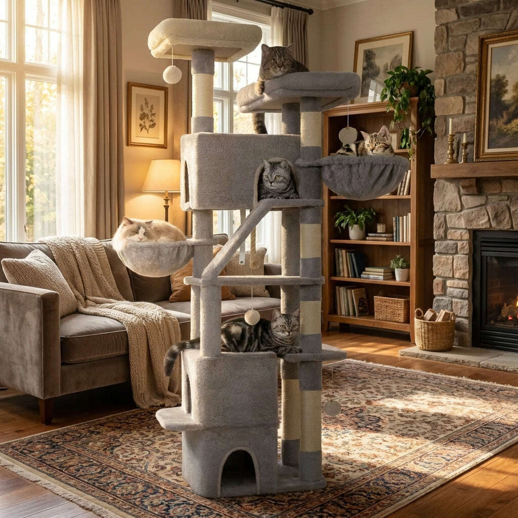 Grand arbre à chat gris dans un salon chaleureux près d'un canapé, d'une bibliothèque et d'une cheminée
