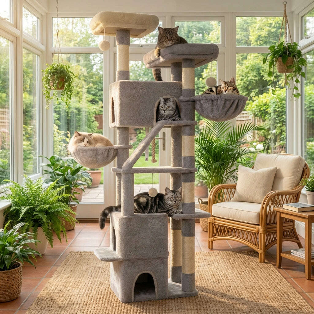Griffoir haut sur pied en peluche grise installé dans une véranda lumineuse avec plantes et fauteuil en rotin